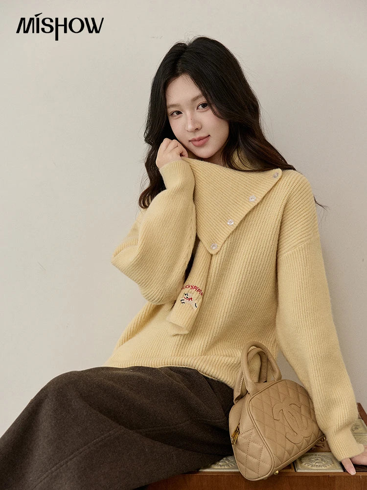 MISHOW Women's Yellow Sweater with Detachable Scarf 2025 Autumn Winter Loose Casual Warm Thickened Knit Pullover MXE93Z2953