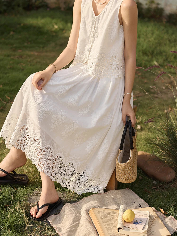 MISHOW 2 Pieces Set Woman Embroidery V-neck Hollow Lace Up Sleeveless Top Summer 2025 Slim Elastic Waist Skirt Set MXE33T0593