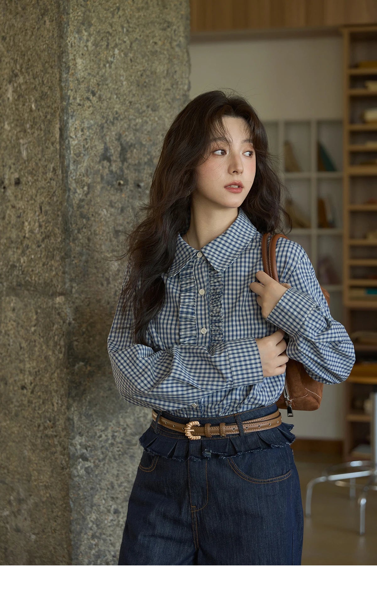 MISHOW Autumn Blue Plaid 100 Cotton Shirts 2025 Doll Collar Dropped Shoulder Sleeves Casual Top Retro Commuter Shirt MXE44C2391