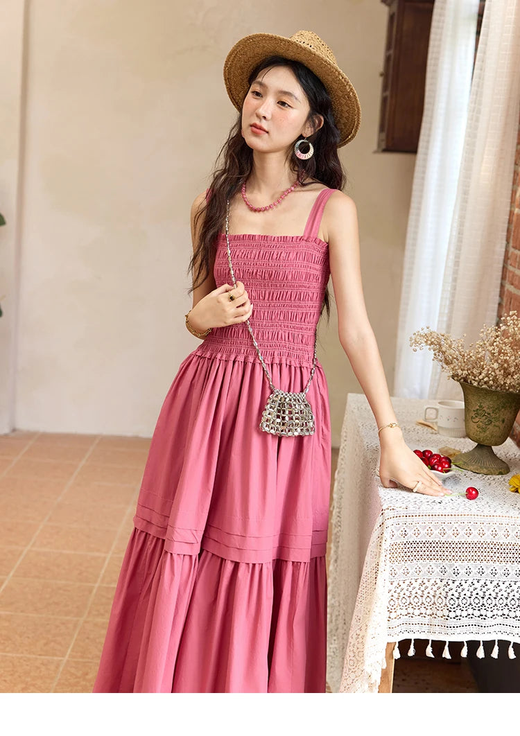 MISHOW Sling Square Collar Dress for Women 2025 Summer High Waist Pocket Fashion A-line Long Dress Ladies Clothing MXE36L2319