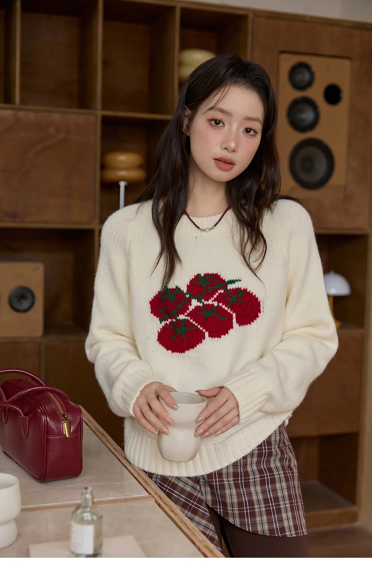 MISHOW Women's Off-white Sweater 2025 Winter new Tomato Jacquard Long-sleeved Sweater Loose Casual Knitted Pullover MXE51Z2692