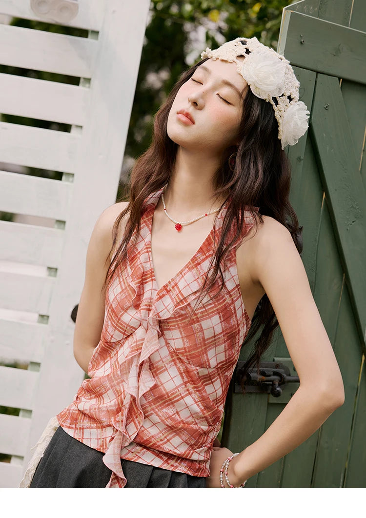 MISHOW French Retro Red Grid Hanging Neck Blouse for Women Summer 2025 Ruffled Edges Backless Blouses Vacation Top MXE34X1785