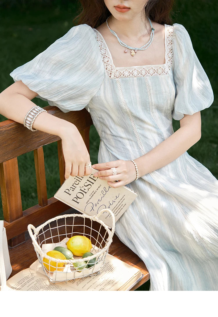 MISHOW Women's Summer Dress 2025 New Fashion Striped Square Neck Spliced Lace Hollow Out Dress Waist Lace Up Dresses MXE39L2403