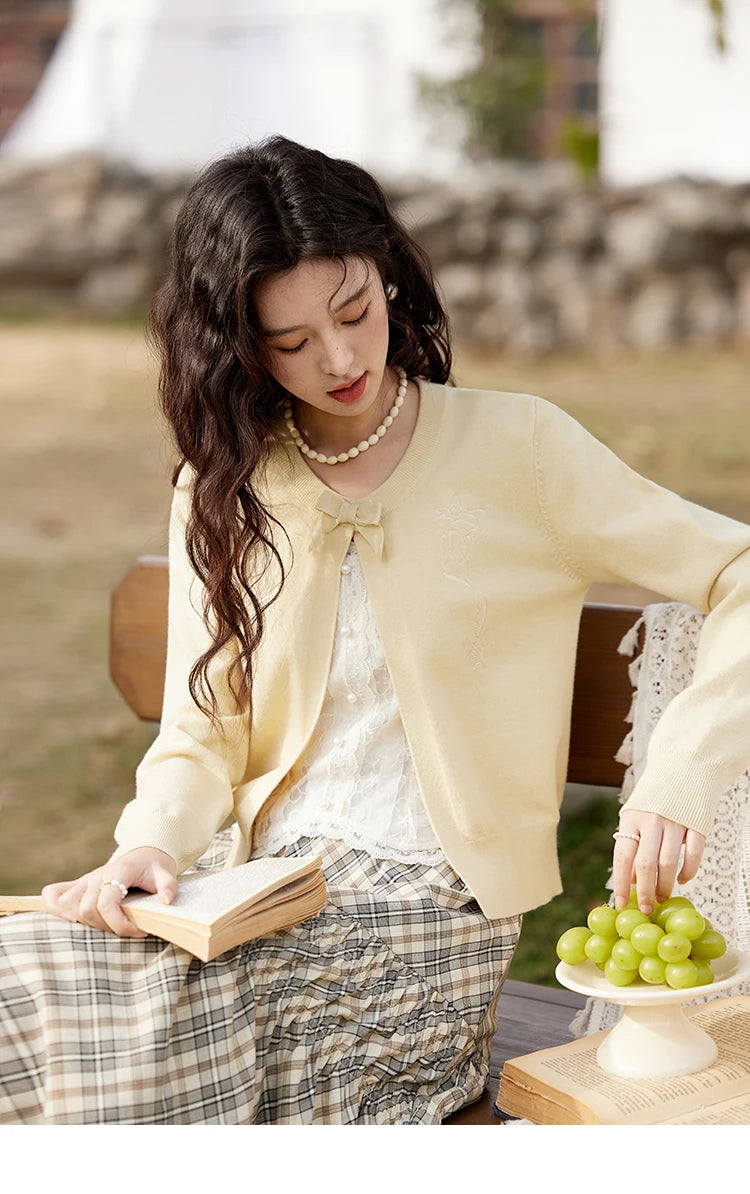 MISHOW Women's Iris Embroidery Round Neck Cardigan 2025 Spring Loose Knitted Thin Bow Design(Not Include Lace Vest)MXE13Z1142