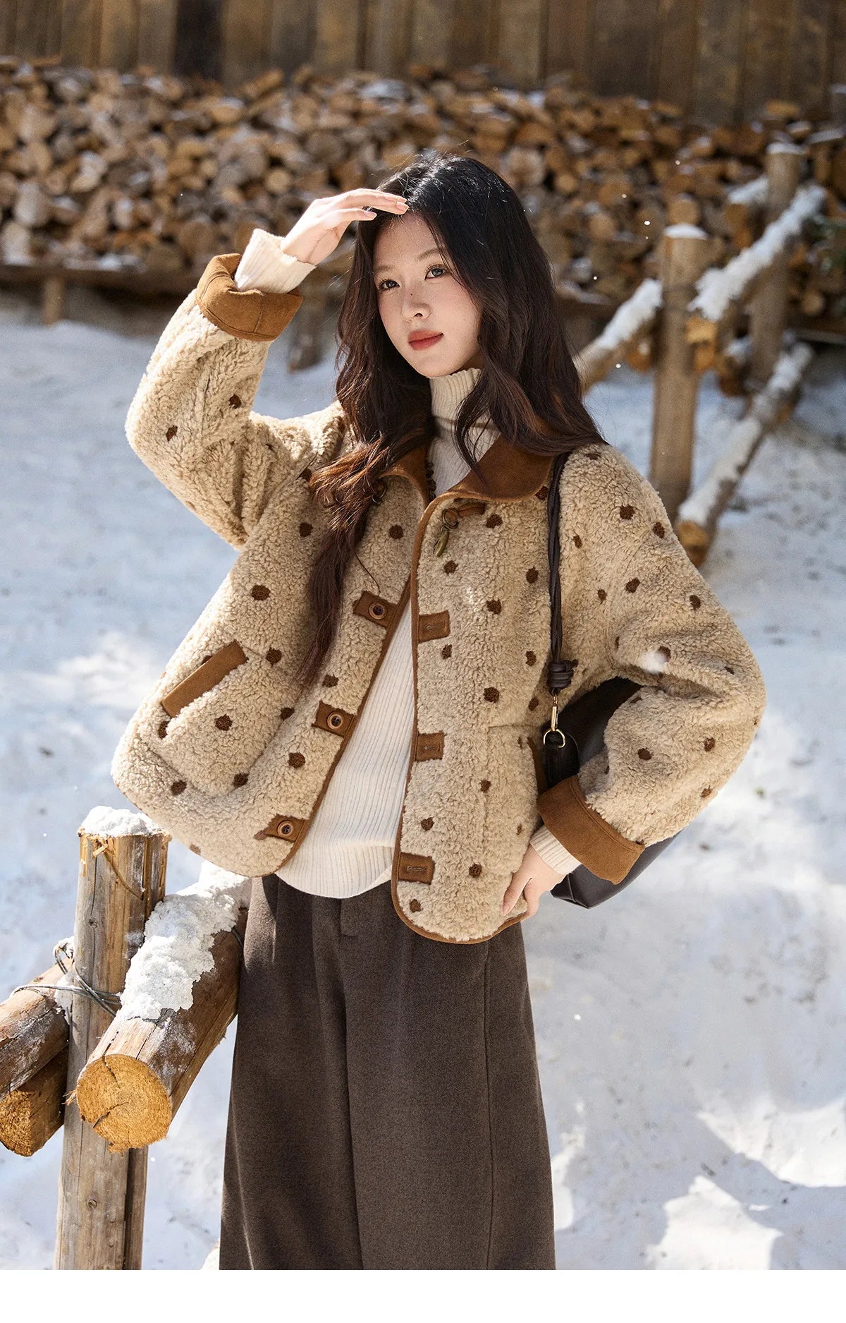 MISHOW Women's Brown Reversible Shearling Coat 2025 Winter Suede Polka Dot Lapel Coats Fleece Thick Warm Short Jacket MXE93W1012