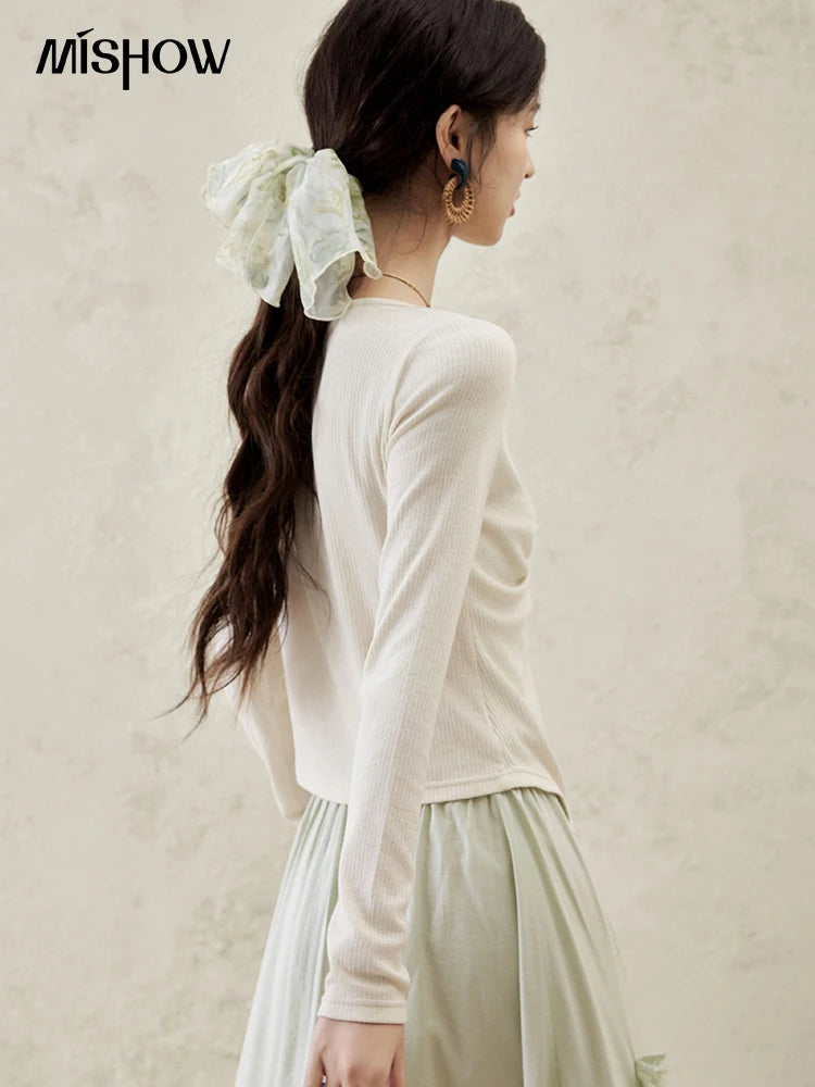 MISHOW Women's Fake Two Patchwork Knitted Spring 2025 Contrast Drawstring Strap Lace-up Tops Retro V-neck Thin Top MXE15Z1185