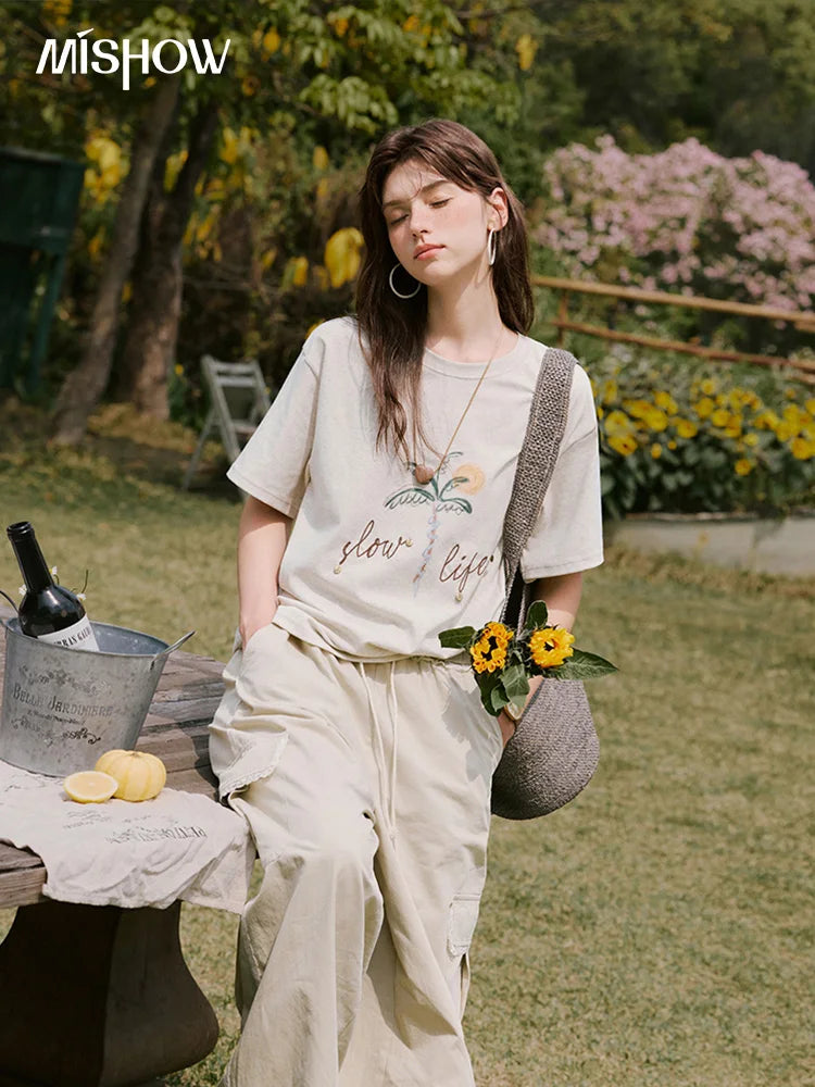 MISHOW Apricot Cargo Pants for Women in Summer 2025 Lace Patchwork Casual Pants Drawstring Elastic Waisted Trousers MXE33K0935