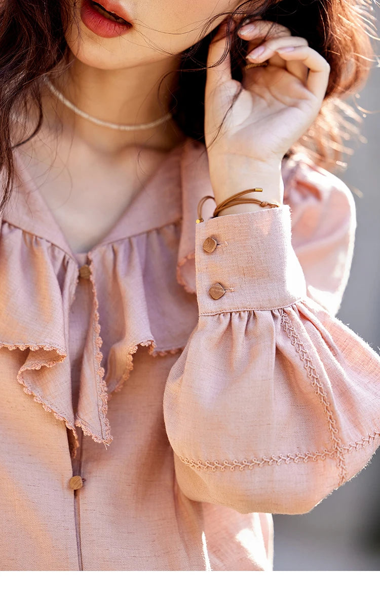 MISHOW Lotus Leaf Collar Shirt Bubble Sleeves Pink Shirt for Women Spring 2025 Sweet Chiffon Top Temperament Shirts MXE12X1702