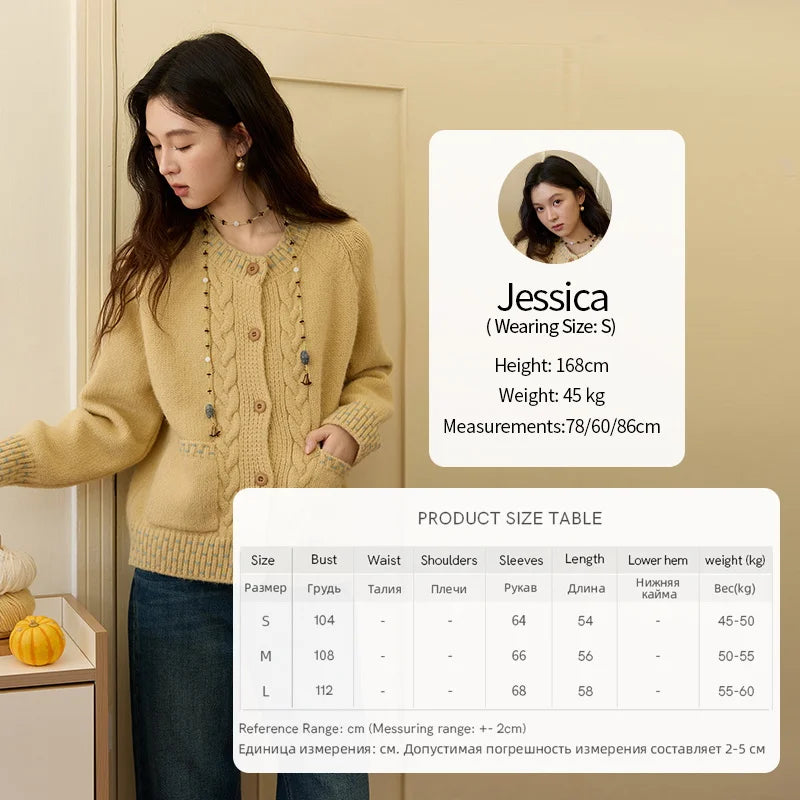 MISHOW Women's Cardigan 2025 Autumn Winter Yellow Cable Knit Cardigan Hand-Drawstring Design Commuter Short Jacket MXE47Z2566