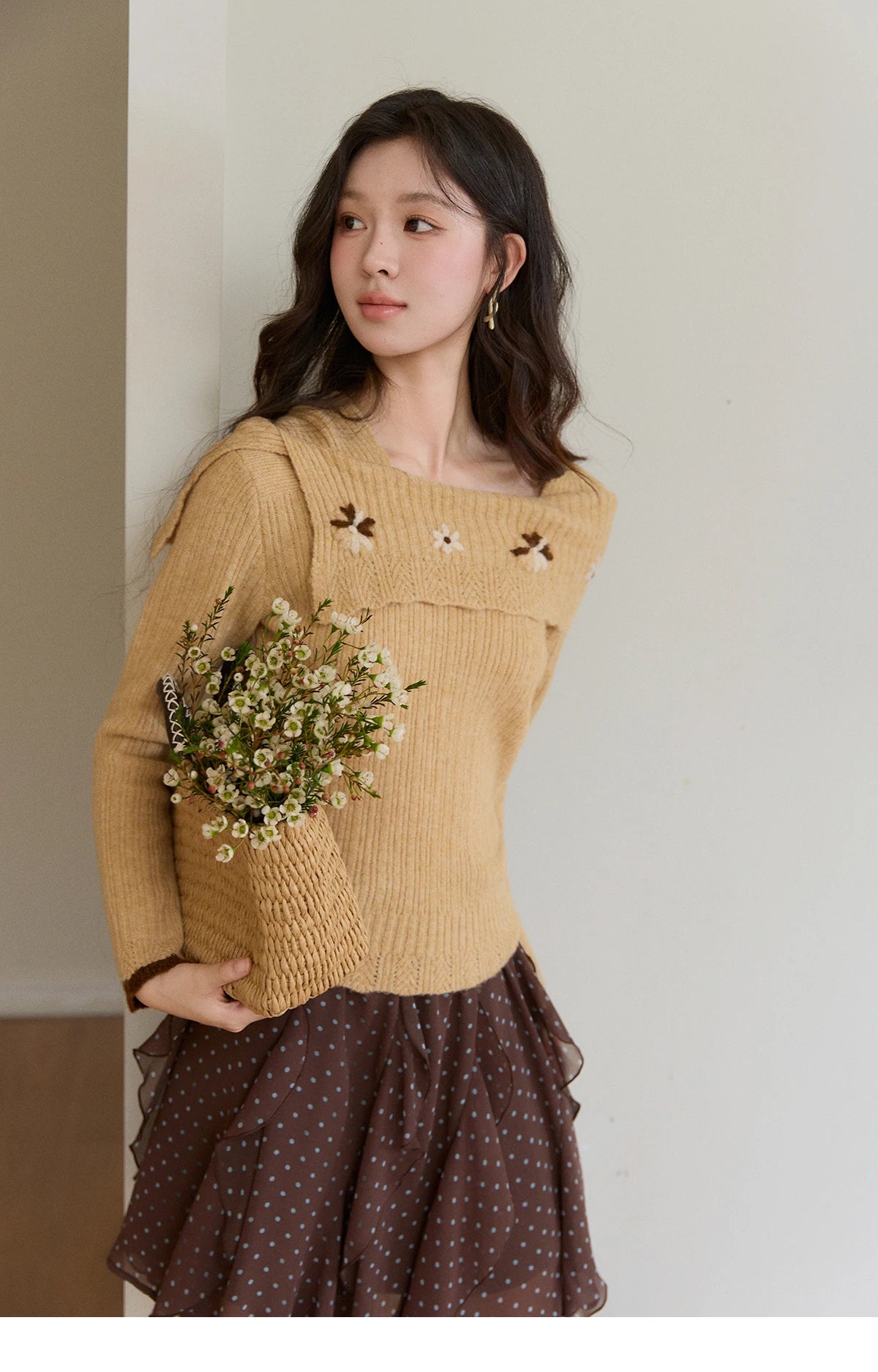 MISHOW Women's Yellow Ribbed Knit Sweater 2026 Spring One Shoulder Collar Floral Embroidery Long Sleeve Thin Sweaters MXF11Z2894