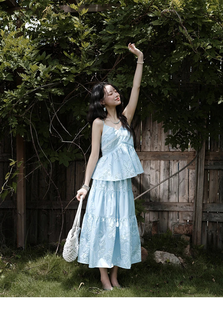 MISHOW Woman 2 Pieces Set 2025 Summer Ladies Fashion Strap V-neck Top Embroidery Flower Hollow Out Drawstring Skirt MXE34T0624