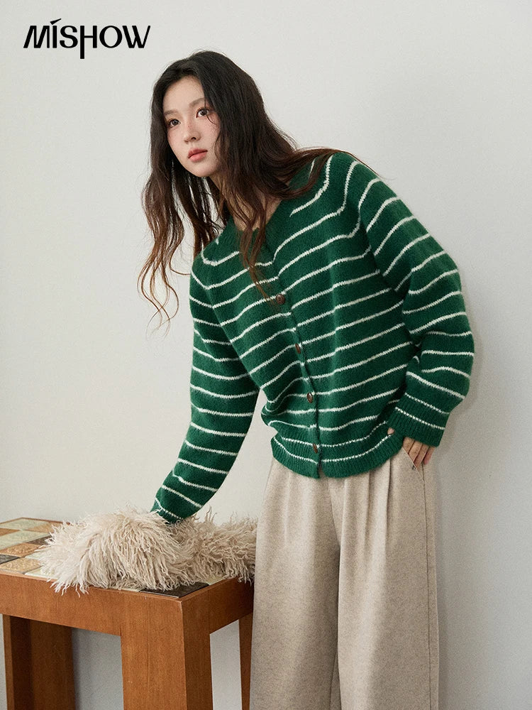 MISHOW Green Striped Cardigans for Woman 2025 Winter Knitted Cardigan Wool Blend Loose Retro Crew Neck Knit Sweater MXE86Z2735