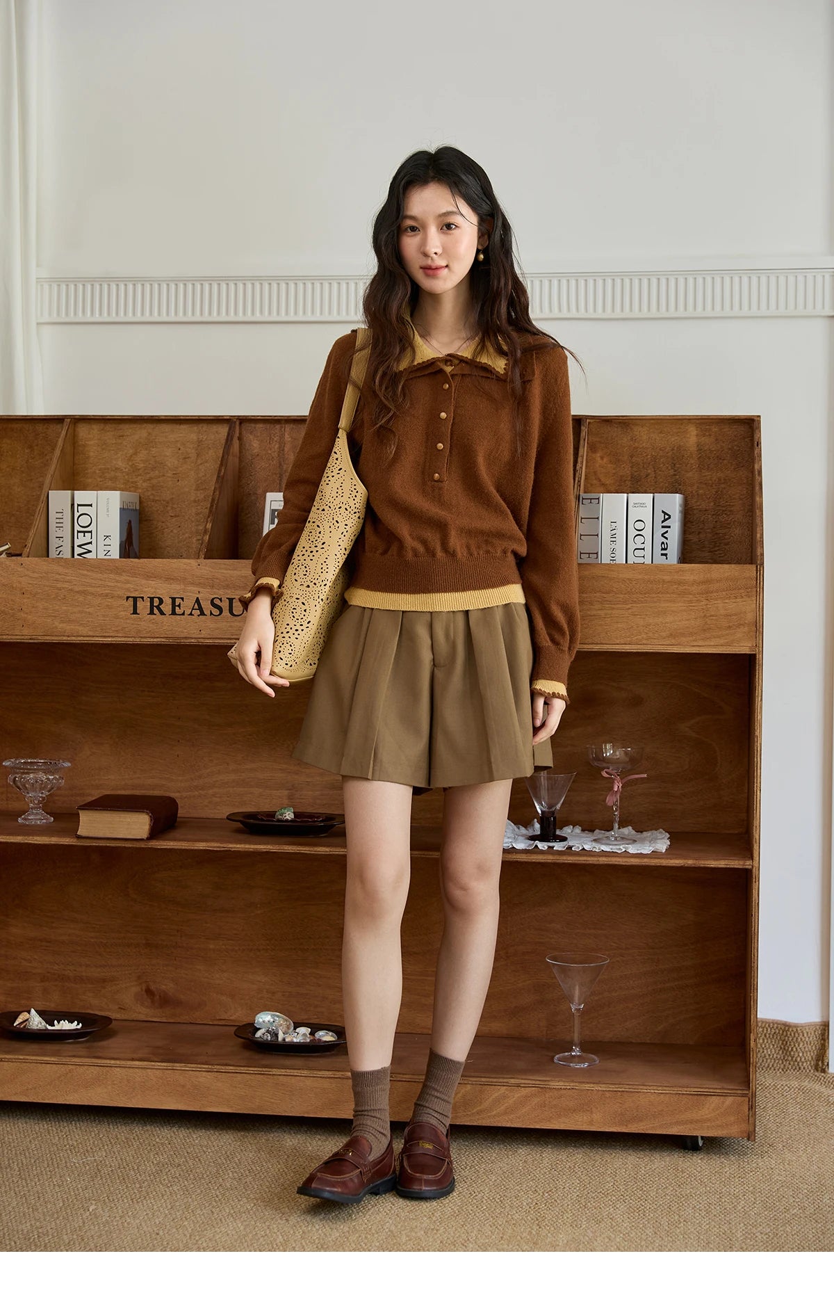 MISHOW Elegant Women's Sweaters 2025 Autumn Designer Knitted Double-layer Turn-down Collar Loose Long Sleeves Tops MXE45Z2502