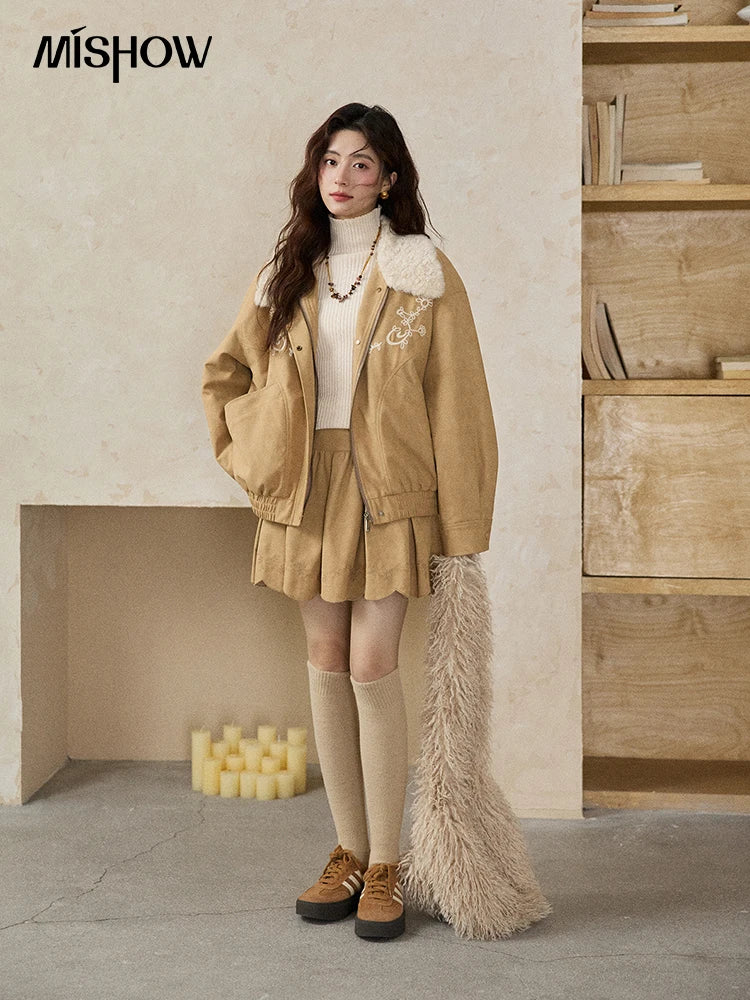 MISHOW Women's Floral Embroidered Jacket 2025 Winter French Style Yellow Plush Lapel Zip-up Coat Loose Warm Jacket MXE87W0932