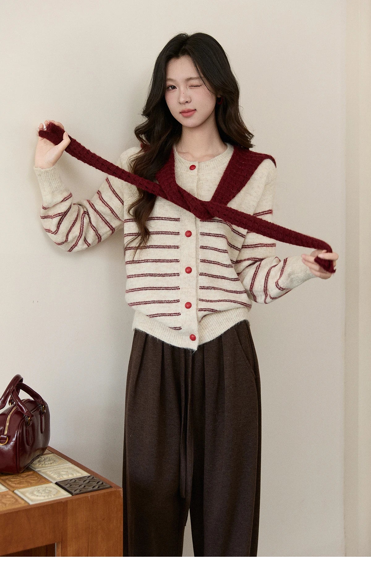 MISHOW Women's Beige Striped Knitted Cardigan 2025 Autumn Winter Red Scarf Decor Button O-Neck Warm Loose Sweaters MXE93Z2948