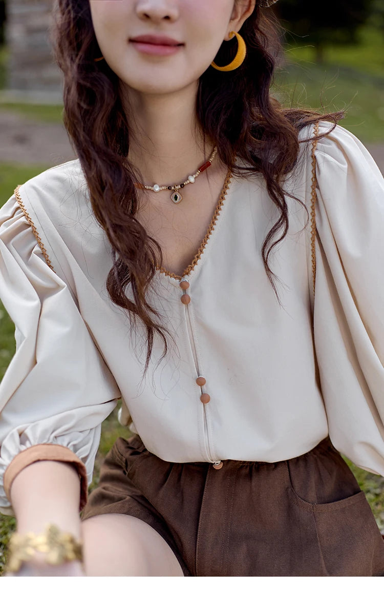 MISHOW French Retro Contrasting V-neck Shirt 2024 Autumn Solid Lantern Sleeve Top Single Row Two Buttons Casual Shirt MXD26X1597