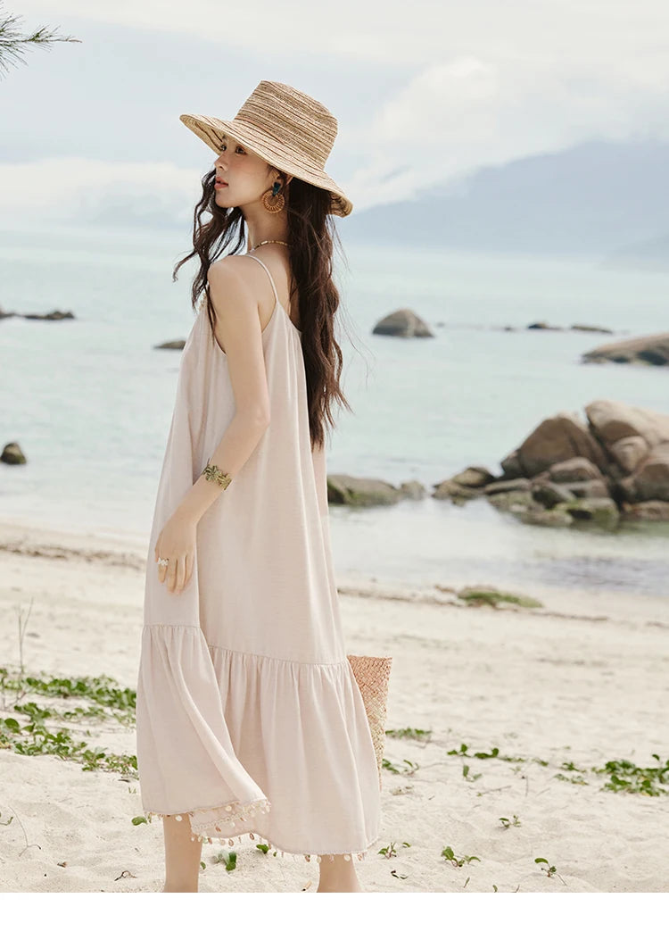 MISHOW Lotus Pink Camisole Dress for Women Summer 2025 Sleeveless Solid Shell Ribbon Dresses Female Fashion Shirring MXE33L2156