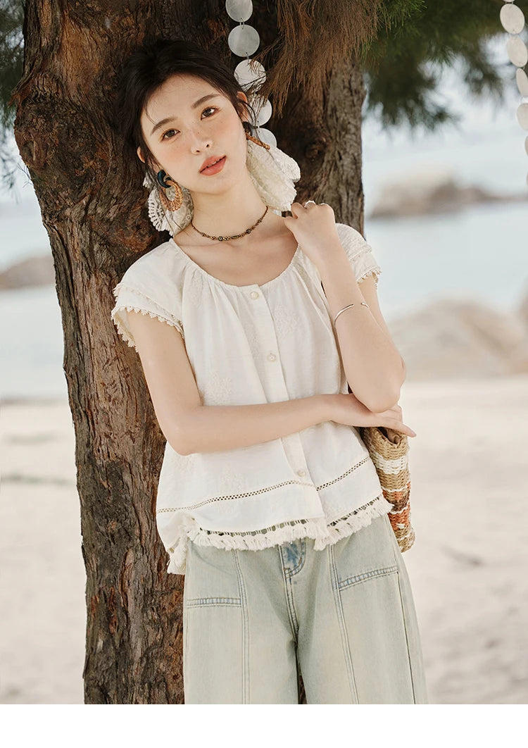 MISHOW Embroidered French Shirt Women Summer 2025 Short Sleeve Round Neck Solid Blouses Female Fashion New Tops Lady MXE33X1744