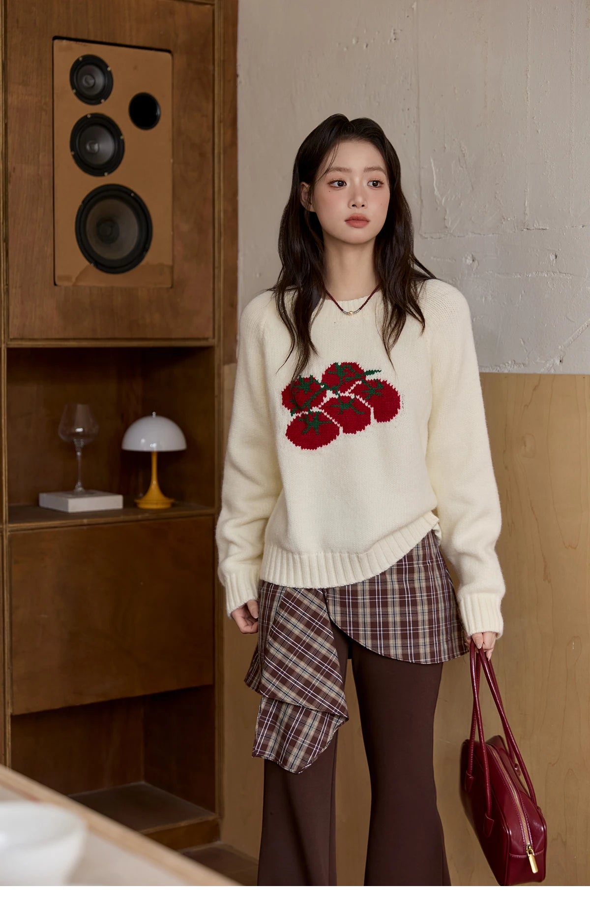 MISHOW Women's Off-white Sweater 2025 Winter new Tomato Jacquard Long-sleeved Sweater Loose Casual Knitted Pullover MXE51Z2692