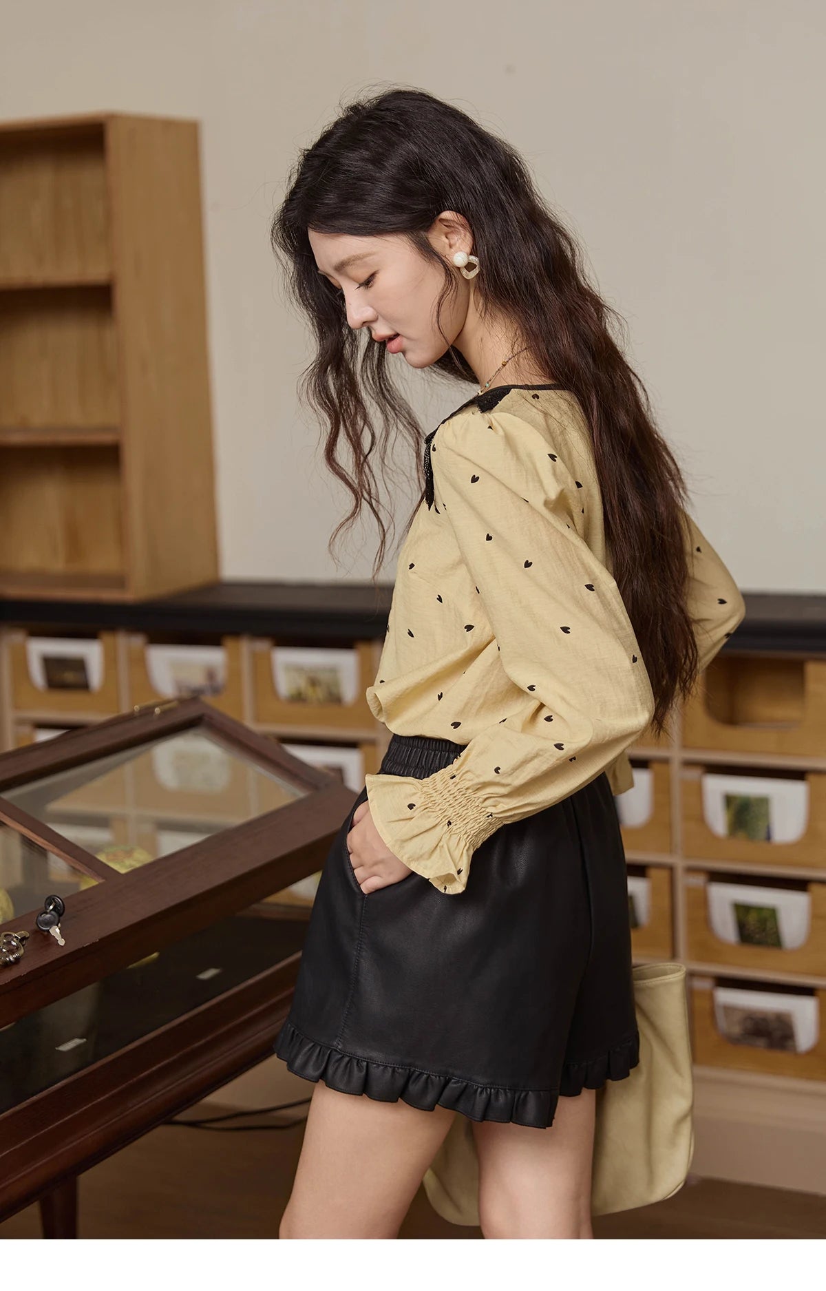 MISHOW Women's Yellow Heart Printed Shirt Autumn Lace Hollowed Out Collar Bubble Sleeve Top Lace-up Commuter Shirts MXE41X1949