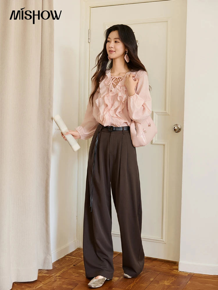 MISHOW Pink Ruffled Blouse for Woman 2025 Autumn New Elegant Sweet V-neck Lace-up Design Shirt Lantern Sleeves Top MXE49X2504