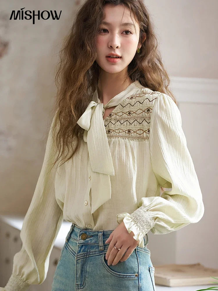 MISHOW Ribbon Collar Shirt for Women Autumn 2025 Sweet Cuffs Pleated Embroidered Petal Sleeve Loose Top Office Lady MXD14C0226