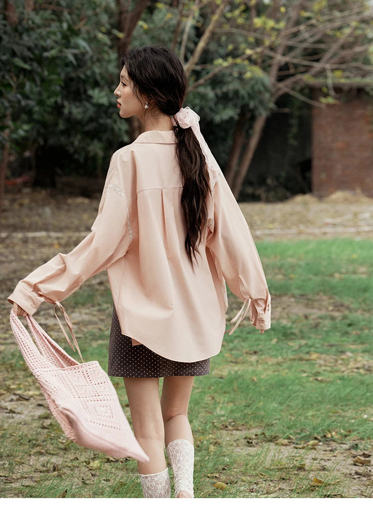 MISHOW Pink Long Sleeve Shirt for Women Spring 2025 Korean Splicing Lace Bow Tie Shirt Polo-neck Solid Versatile Tops MXE16C0767