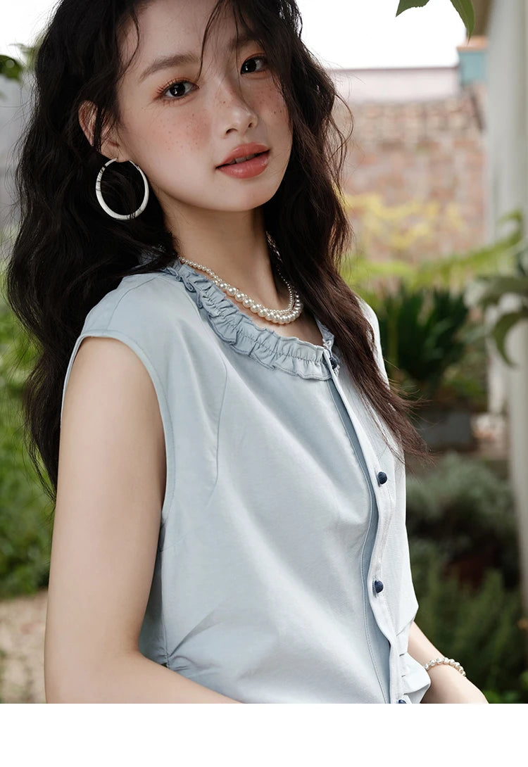 MISHOW Women's Casual Round Neck Shirt 2025 Summer New Office Lady Slim Shirt Sleeveless Button Top Female Clothing MXE38X1864