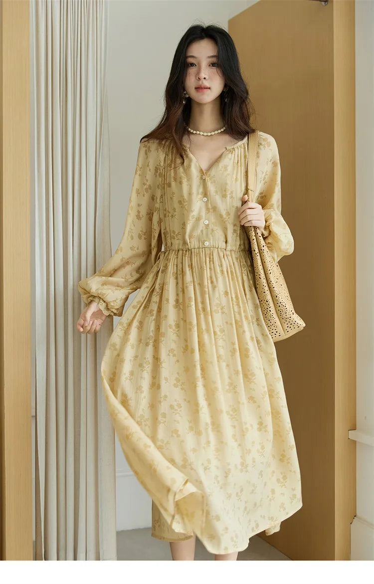 MISHOW Yellow Printing Dress for Woman 2025 Autumn Elegant Lace Lantern Sleeve Waist Slim Long Dress V-neck Dress MXE47L2527