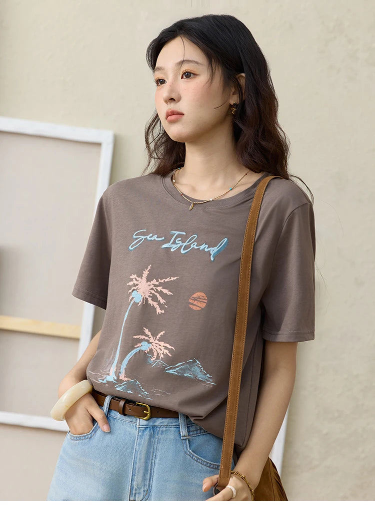 MISHOW Casual Print Shirts Women Summer New 2025 Short Sleeve Round Neck Loose Pure Cotton T-shirt Female Fashion MXE31T0533
