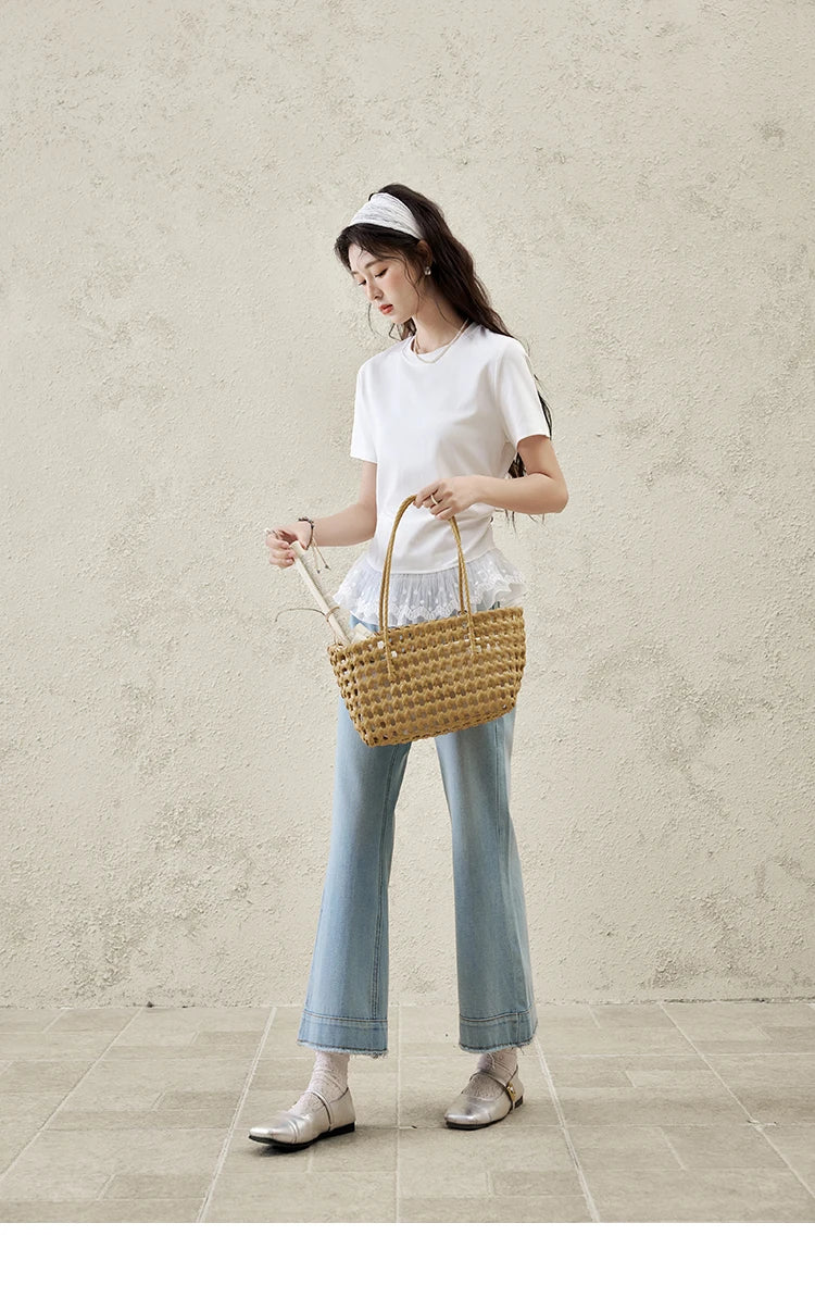 MISHOW Lace Hem Splicing T-shirt for Women Spring/summer 2025 Round Neck Versatile Top Streetwear Solid Casual Tees MXE31T0528