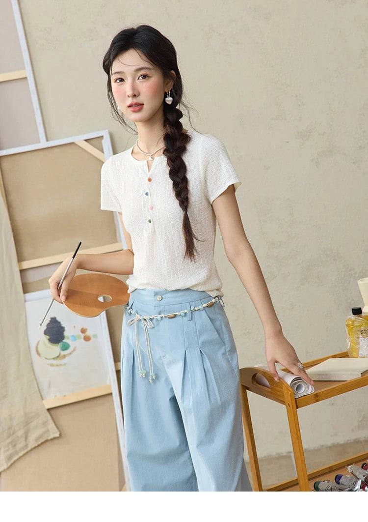 MISHOW Short Sleeved Knitted T-shirt for Women Summer 2025 Twisted Design Dopamine Button Tees Slim Breathable Top MXE34Z1243