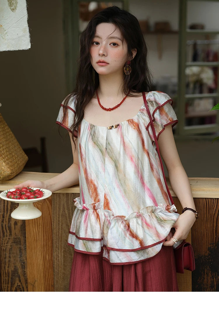 MISHOW Women's Retro Stripe Print Blouse 2025 Summer New Fashion O-Neck Butterfly Sleeve Ladies Casual Patchwork Top MXE38X1862