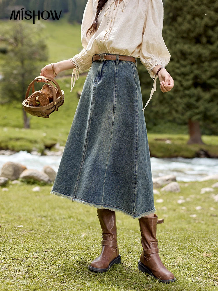 MISHOW Washed Hem Fringed Denim Midi Skirt 2024 Autumn Commuting Versatile A-line Long Skirt Retro Blue Casual Skirts MXD41B0453