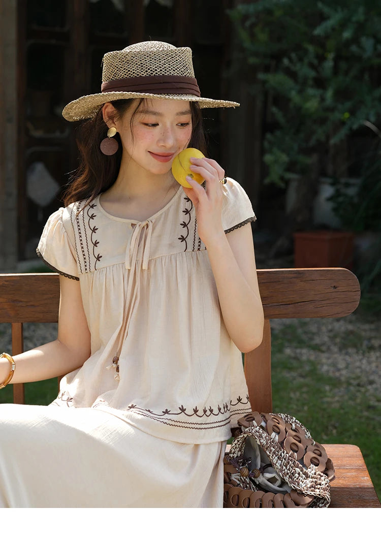 MISHOW Women Two Piece Set 2025 Summer Female Embroidery Flying Sleeve Lace Spliced Top Loose Elastic Waist Skirt Set MXE39T0667