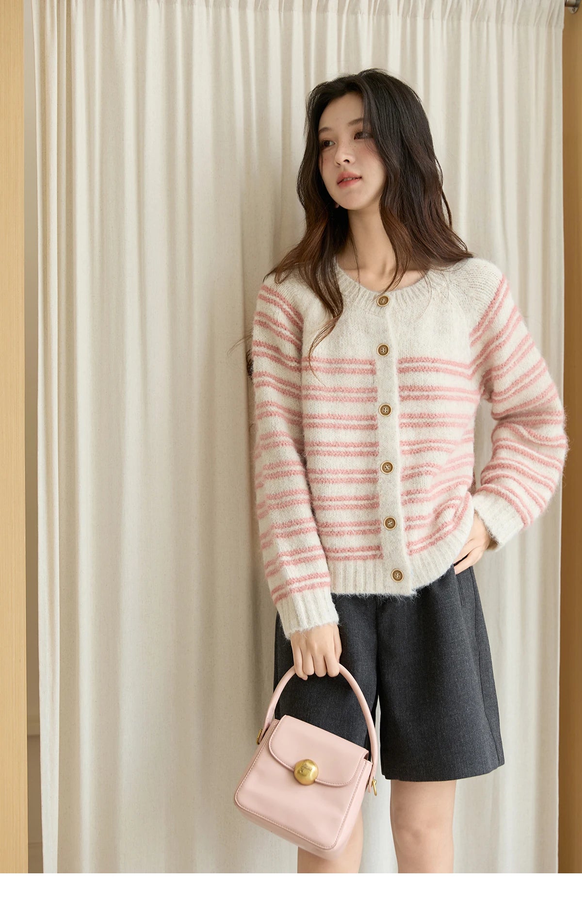 MISHOW Women's Pink Striped Cardigan 2025 Autumn Winter French Style Round Neck Wool Blended Sweater Loose Casual Top MXE49Z2615