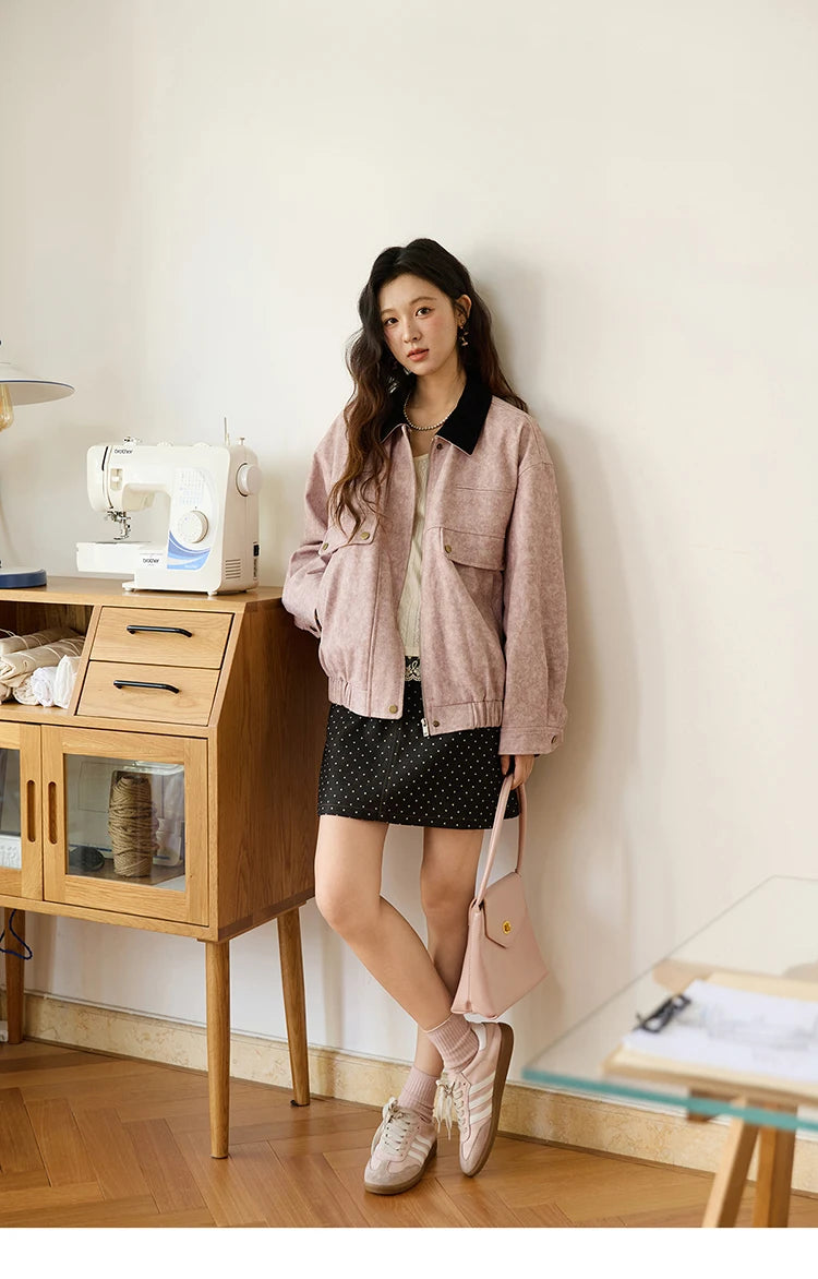 MISHOW Pink Purple Collision Black Lapel Jacket for Women Autumn Suede Metal Zipper Top Retro Loose Elastic Hem Coats MXE46W0865