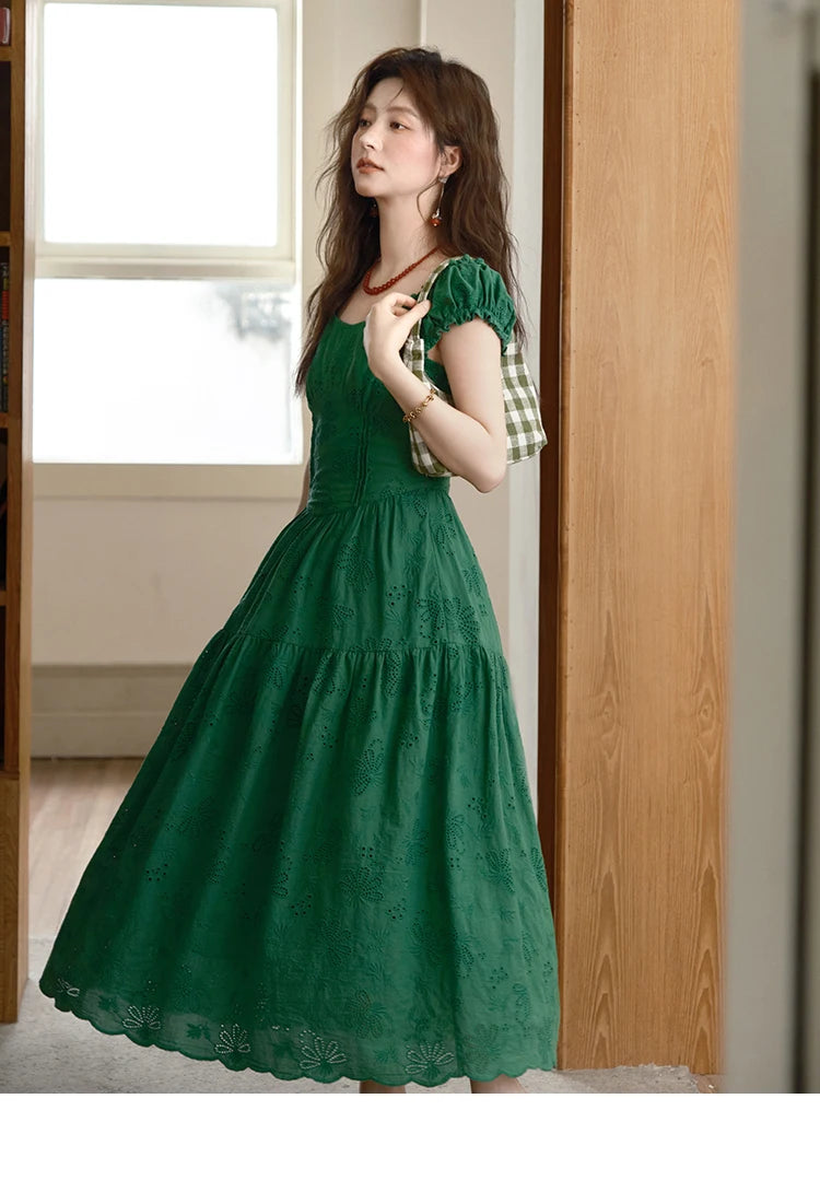 MISHOW Women's French Fashion Square Neck Dress 2025 Summer New Puff Sleeve Embroidery Midi Dresses Ladies Clothing MXE39L2325