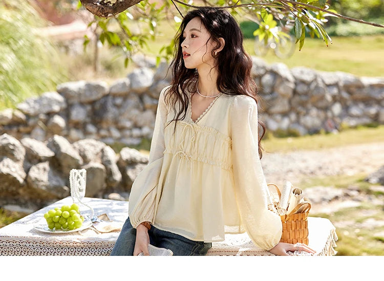 MISHOW Women's Jacquard Lace V-neck Blouses 2025 Spring Ruffled Wavy Design Blouse Slim Elegant Commuting Sweet Top MXE12C0397