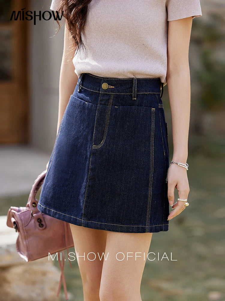 MISHOW Women's Retro Deep Blue Short Denim Skirt Spring High Waist Slim A-line Skirts Denim Commuting Versatile Skirt MXE13B0658