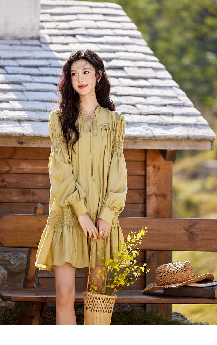 MISHOW Folded Lace Up Dress for Women Spring 2025 Solid V-neck Loose Chiffon Doll Dress Puff Sleeve Knee-Length Dress MXE11L2113