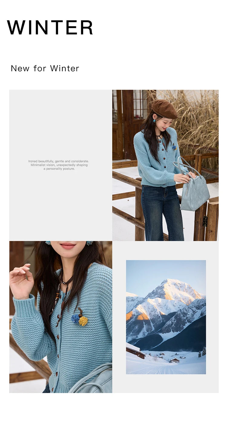 MISHOW Blue Knitted Cardigan 2025 Autumn Winter New Crew Neck Pompom Decorated Sweater Commute Elegant Loose Top MXE51Z2551