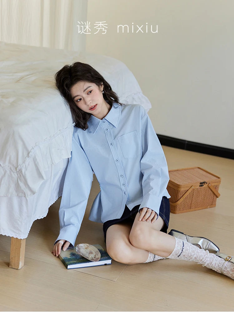 MISHOW Women's French Blue Shirt Long Sleeve 2025 Spring Polo Collar Waist Pocket Versatile Shirt Single Breasted Top MXE14C0753