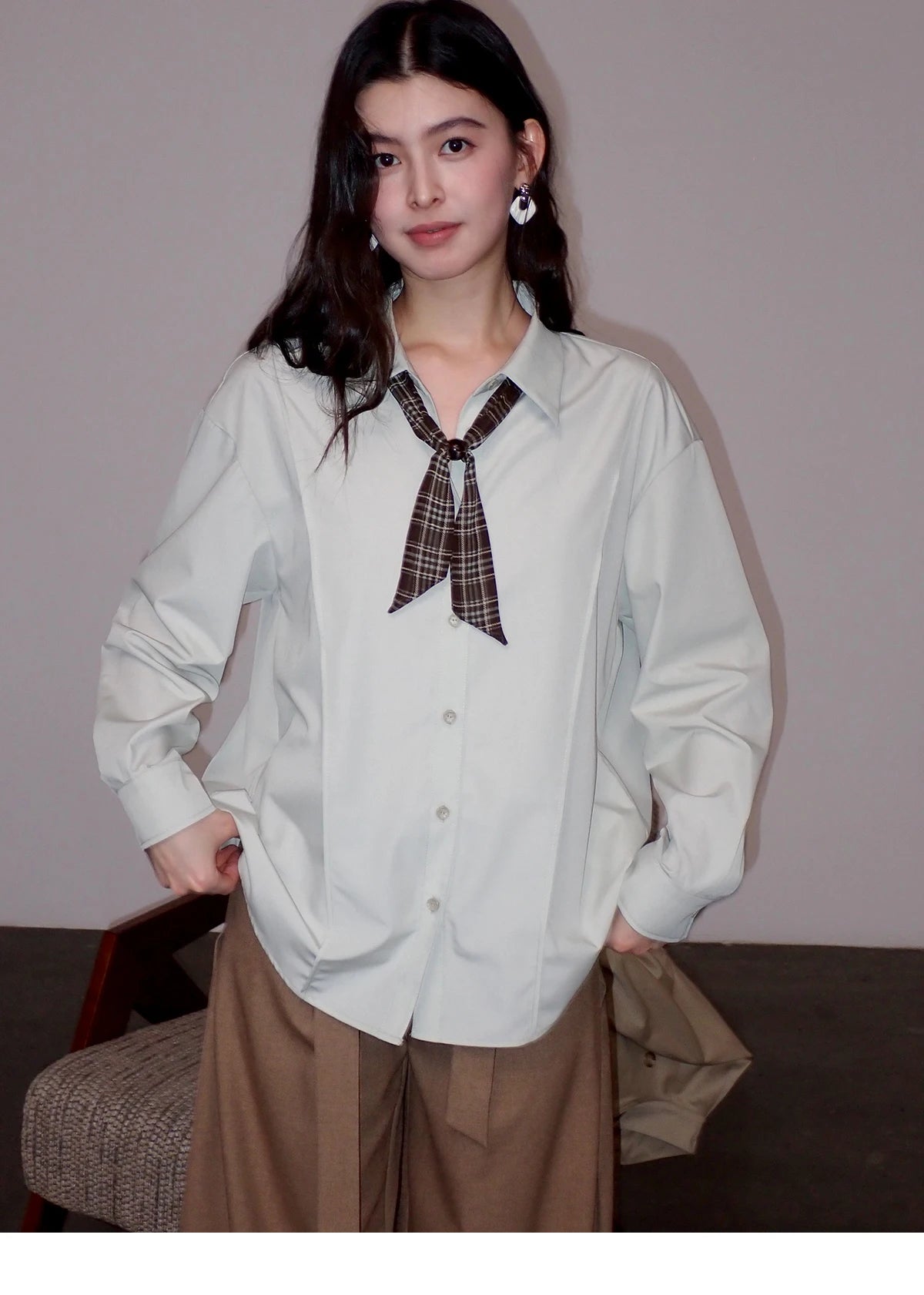 MISHOW Women's Casual Loose Shirt with Plaid Scarf 2026 Spring Lapel Tops Versatile Long Sleeve Shirts Office Lady MXF108C0815