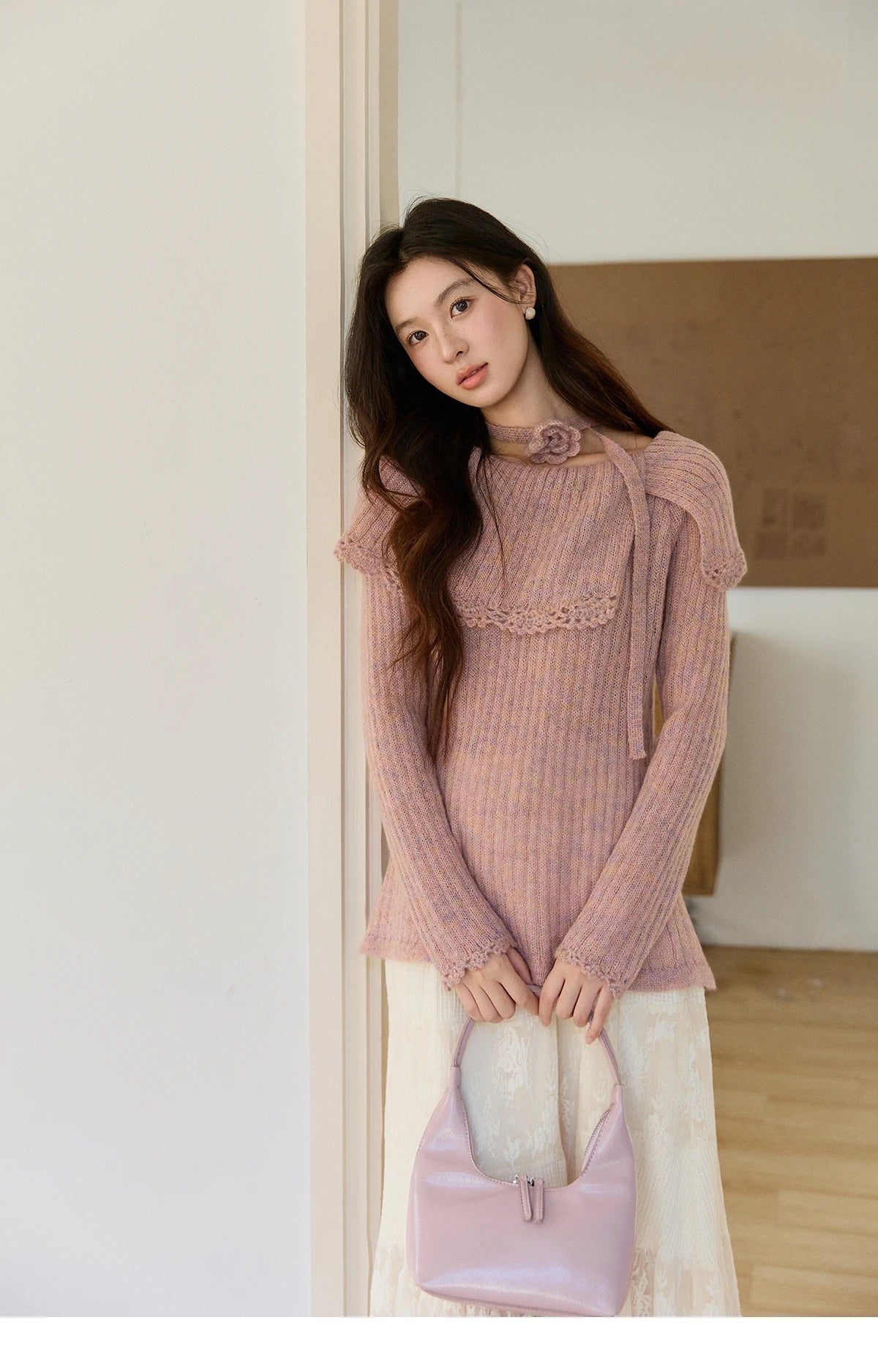 MISHOW Women's Pink Ribbed Knitted Sweater 2026 Spring Large Collar Lace Trim Belted Waist Long Sleeve Pullover Tops MXF11Z2901