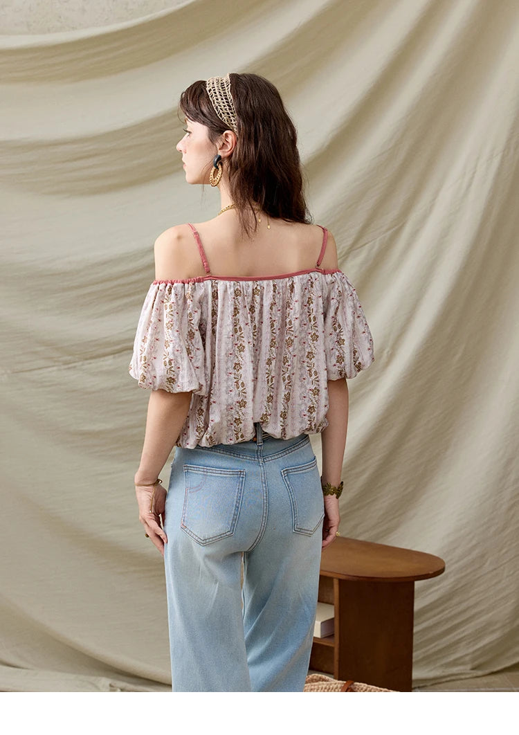 MISHOW French Summer Blouses Women New 2025 One-shoulder Floral Short Sleeve Contrast Color Shirts Woman Fashion MXE31X1767