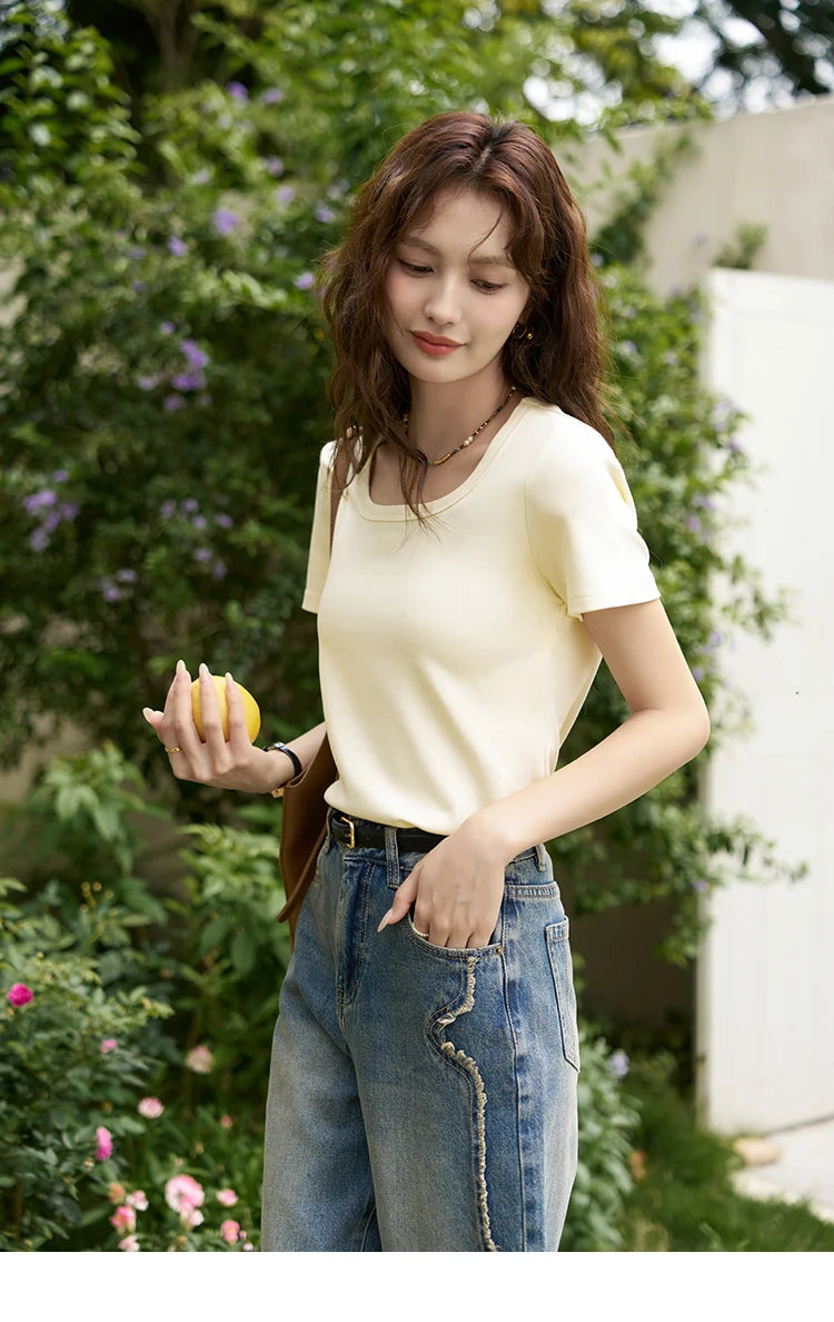 MISHOW Short Sleeve T-shirts Women Spring Solid Square-neck Top Elegant Woman Clothes Office Lady Cotton Tees MXC12T0641