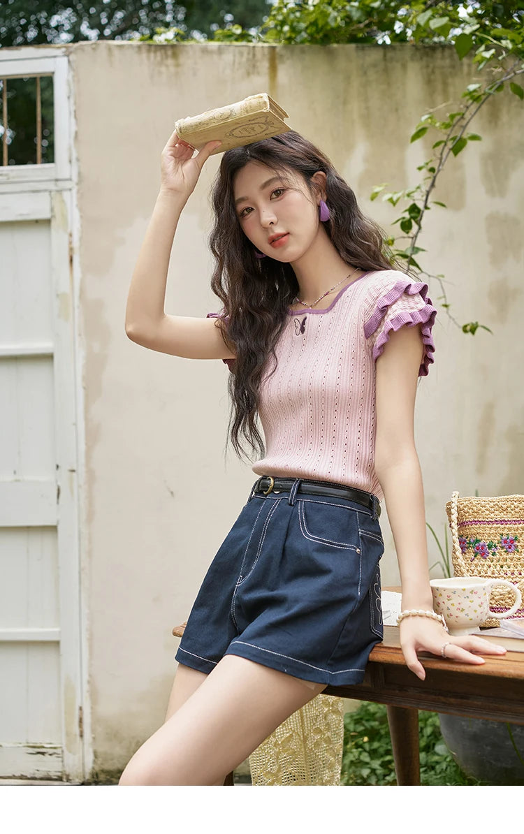 MISHOW 100 Cotton Pocket Embroidered Flower Denim Shorts for Women 2024 Summer Dark Blue Loose Casual Wide Leg Pants MXD26K0707