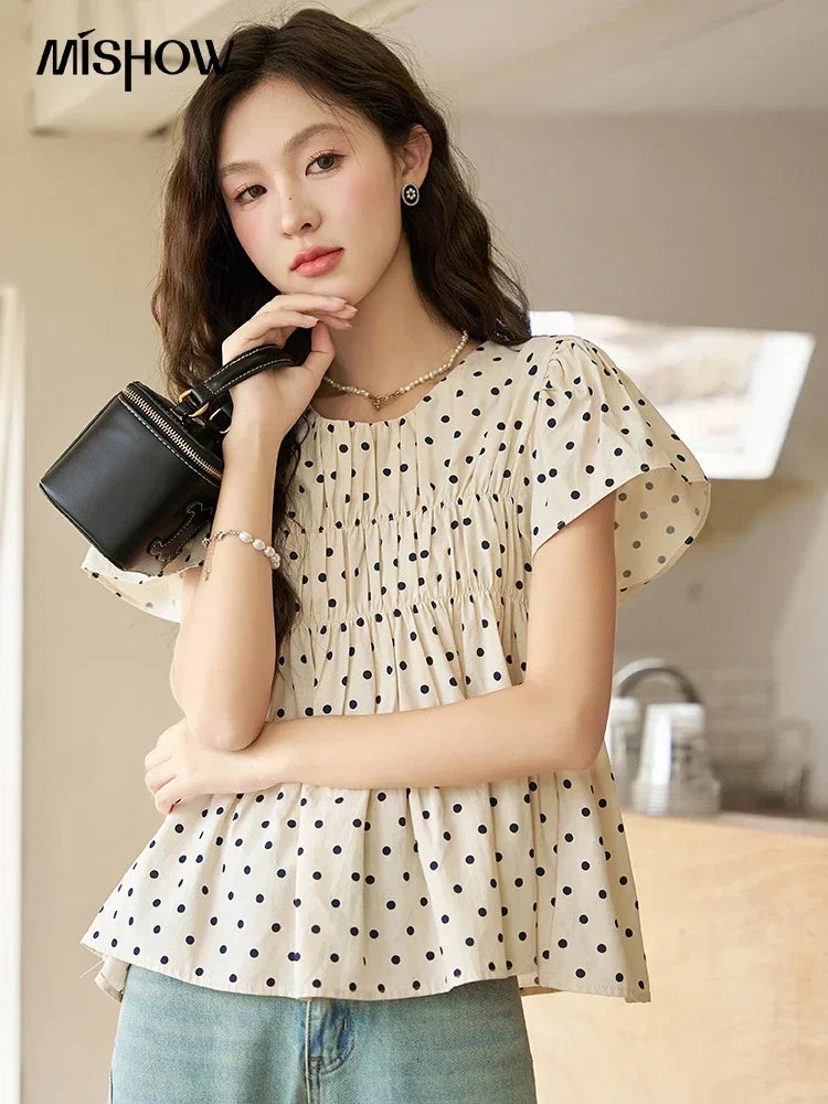 MISHOW Polka Dot Blouses for Women 2025 Summer French Flying Sleeve O Neck Elastic Folds Loose Retro Female Doll Top MXC39X1291