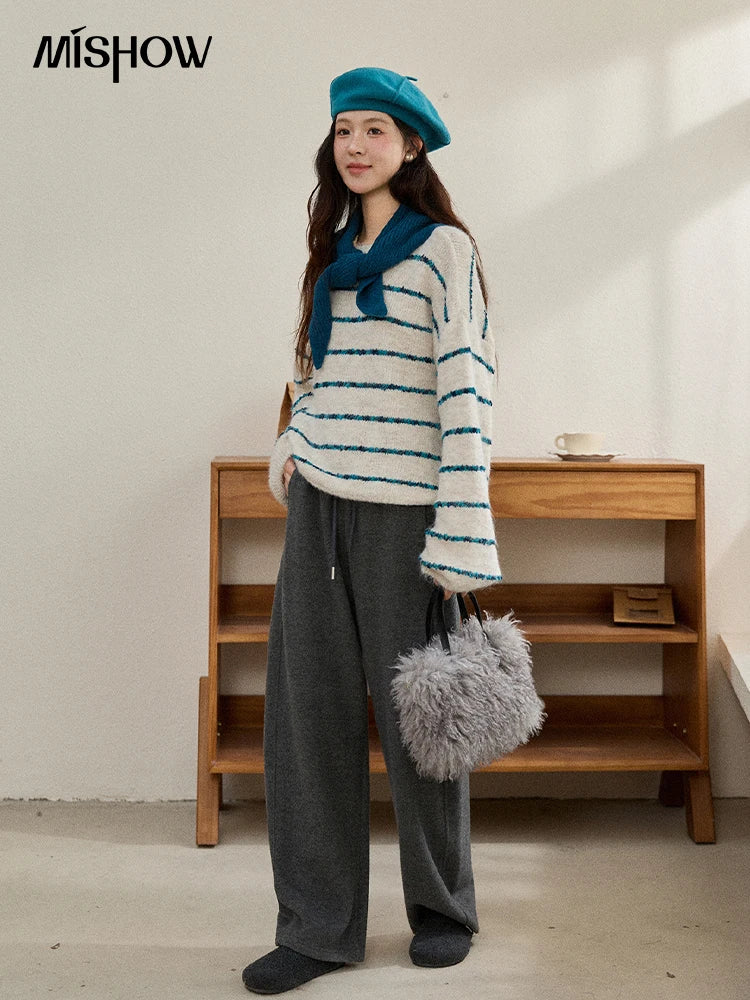 MISHOW Women's Blue Striped Sweater 2025 New Alpaca Wool Shawl Scarf Set Retro Loose Casual Knit Top Winter Clothes MXE90Z2821